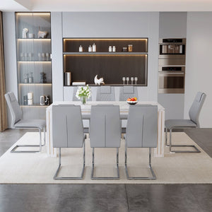 English Elm Table and Chair Set Nine Piece Marble Pattern Mdf Top with Eight Pu Leather Seats Light Gray W1151S04825