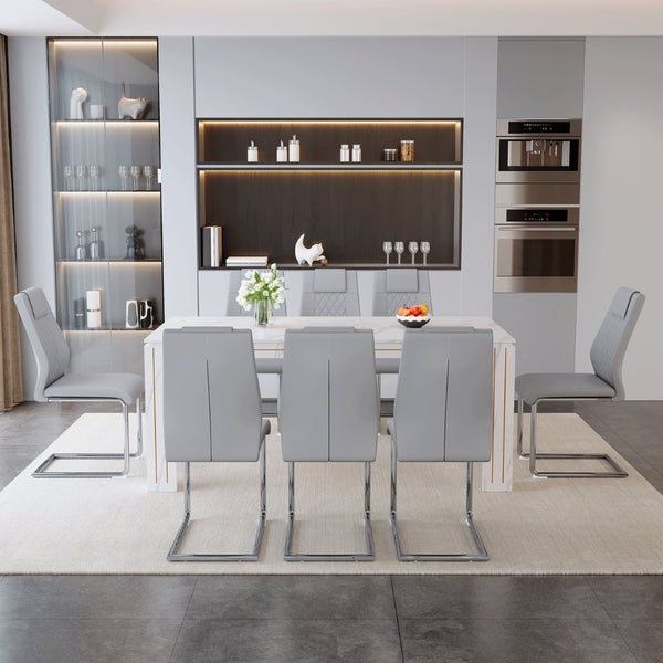English Elm Table and Chair Set Nine Piece Marble Pattern Mdf Top with Eight Pu Leather Seats Light Gray W1151S04825
