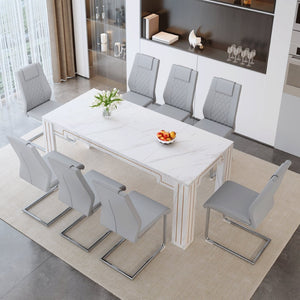 English Elm Table and Chair Set Nine Piece Marble Pattern Mdf Top with Eight Pu Leather Seats Light Gray W1151S04825