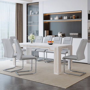 English Elm Table and Chair Set Nine Piece Marble Pattern Mdf Top with Eight Pu Leather Seats Light Gray W1151S04825