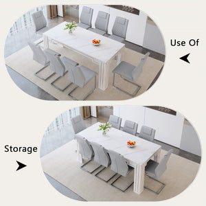 English Elm Table and Chair Set Nine Piece Marble Pattern Mdf Top with Eight Pu Leather Seats Light Gray W1151S04825