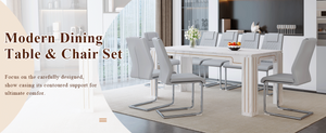 English Elm Table and Chair Set Nine Piece Marble Pattern Mdf Top with Eight Pu Leather Seats Light Gray W1151S04825