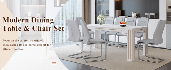 English Elm Table and Chair Set Nine Piece Marble Pattern Mdf Top with Eight Pu Leather Seats Light Gray W1151S04825