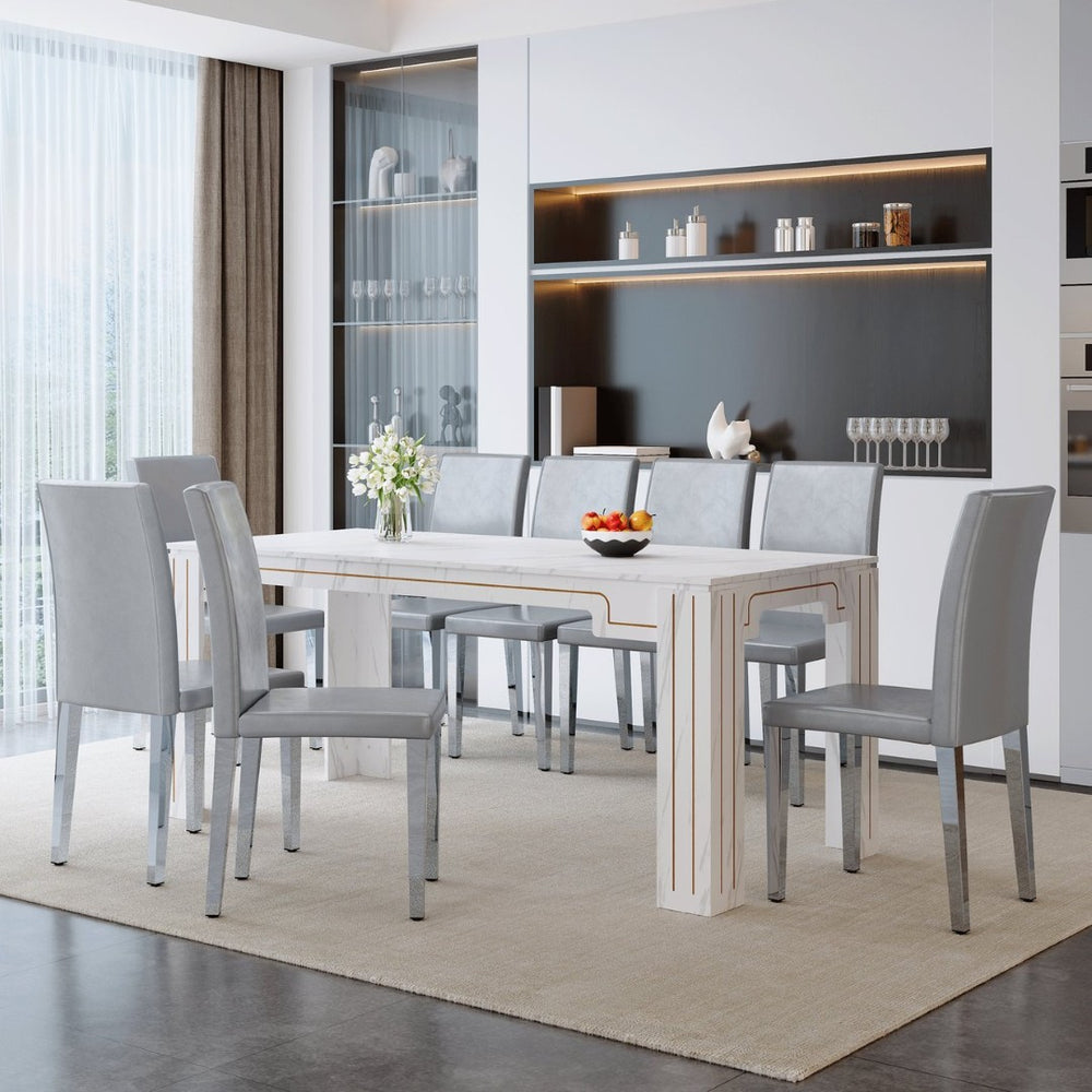 English Elm Table and Chair Set Seats Eight with Marble Patterned Mdf Top and Gray Pu Leather W1151S04827
