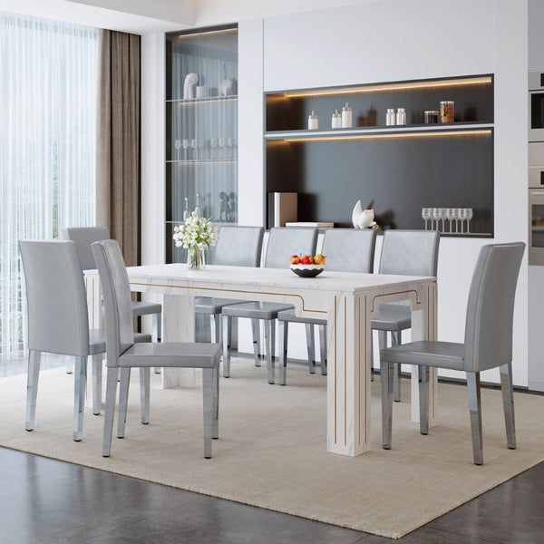 English Elm Table and Chair Set Seats Eight with Marble Patterned Mdf Top and Gray Pu Leather W1151S04827