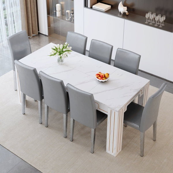 English Elm Table and Chair Set Seats Eight with Marble Patterned Mdf Top and Gray Pu Leather W1151S04827