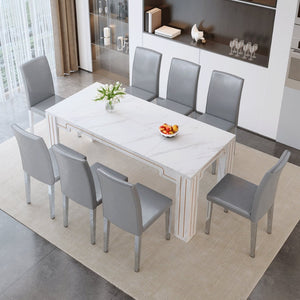 English Elm Table and Chair Set Seats Eight with Marble Patterned Mdf Top and Gray Pu Leather W1151S04827