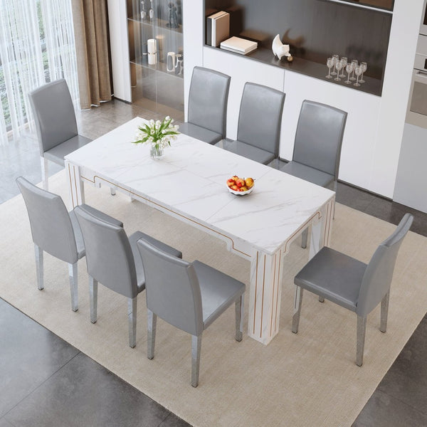 English Elm Table and Chair Set Seats Eight with Marble Patterned Mdf Top and Gray Pu Leather W1151S04827