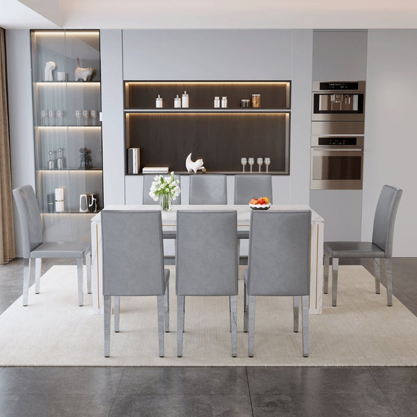 English Elm Table and Chair Set Seats Eight with Marble Patterned Mdf Top and Gray Pu Leather W1151S04827