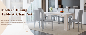 English Elm Table and Chair Set Seats Eight with Marble Patterned Mdf Top and Gray Pu Leather W1151S04827