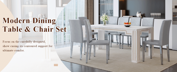 English Elm Table and Chair Set Seats Eight with Marble Patterned Mdf Top and Gray Pu Leather W1151S04827