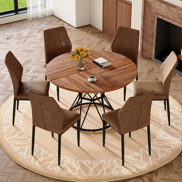 English Elm Table and Chair Set Walnut Grain Mdf Dining with Six Upholstered Fabric Seats Brown, Walnut+Black W1151S04860
