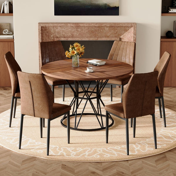 English Elm Table and Chair Set Walnut Grain Mdf Dining with Six Upholstered Fabric Seats Brown, Walnut+Black W1151S04860