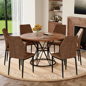 English Elm Table and Chair Set Walnut Grain Mdf Dining with Six Upholstered Fabric Seats Brown, Walnut+Black W1151S04860