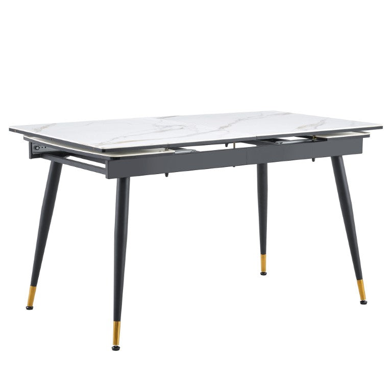 English Elm With Marble Pattern Top and Angular Black Legs This Extendable Table Suits Modern Dining White+Black Metal, Sintered Stone W1151S04862