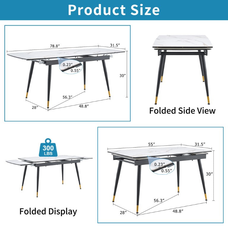 English Elm With Marble Pattern Top and Angular Black Legs This Extendable Table Suits Modern Dining White+Black Metal, Sintered Stone W1151S04862