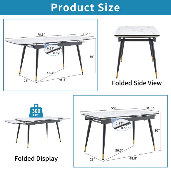English Elm With Marble Pattern Top and Angular Black Legs This Extendable Table Suits Modern Dining White+Black Metal, Sintered Stone W1151S04862