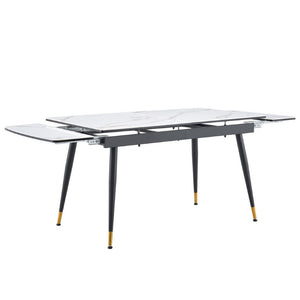 English Elm With Marble Pattern Top and Angular Black Legs This Extendable Table Suits Modern Dining White+Black Metal, Sintered Stone W1151S04862