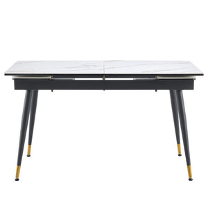 English Elm With Marble Pattern Top and Angular Black Legs This Extendable Table Suits Modern Dining White+Black Metal, Sintered Stone W1151S04862