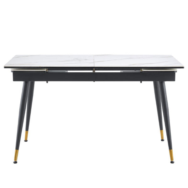 English Elm With Marble Pattern Top and Angular Black Legs This Extendable Table Suits Modern Dining White+Black Metal, Sintered Stone W1151S04862