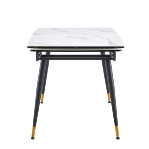 English Elm With Marble Pattern Top and Angular Black Legs This Extendable Table Suits Modern Dining White+Black Metal, Sintered Stone W1151S04862