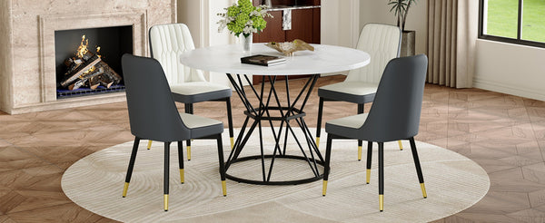 English Elm Table and Chair Set Round Mdf Five Piece Dining with Gold Accent Legs for Modern Spaces White W1151S04869