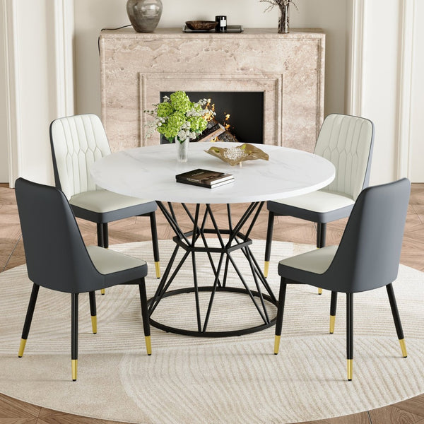 English Elm Table and Chair Set Round Mdf Five Piece Dining with Gold Accent Legs for Modern Spaces White W1151S04869