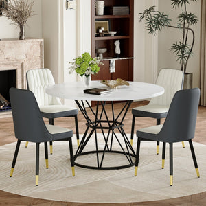 English Elm Table and Chair Set Round Mdf Five Piece Dining with Gold Accent Legs for Modern Spaces White W1151S04869