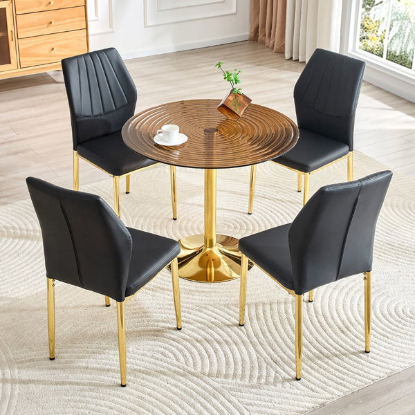 English Elm Table and Chair Set Round Glass Top Dining for Four with Shell Pu Seats Gold Legs Black+Gold W1151S04874