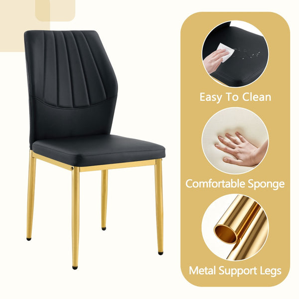 English Elm Table and Chair Set Round Glass Top Dining for Four with Shell Pu Seats Gold Legs Black+Gold W1151S04874