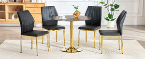 English Elm Table and Chair Set Round Glass Top Dining for Four with Shell Pu Seats Gold Legs Black+Gold W1151S04874