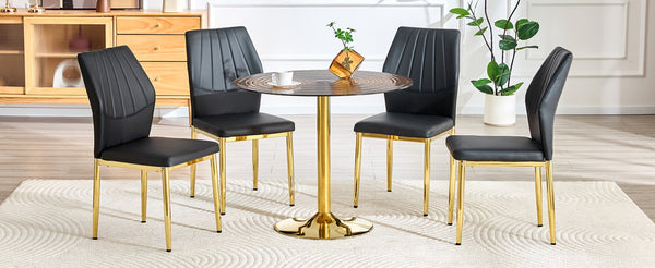 English Elm Table and Chair Set Round Glass Top Dining for Four with Shell Pu Seats Gold Legs Black+Gold W1151S04874