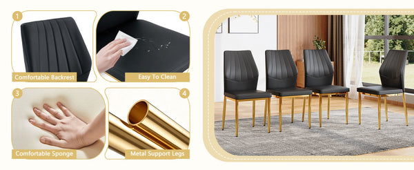 English Elm Table and Chair Set Round Glass Top Dining for Four with Shell Pu Seats Gold Legs Black+Gold W1151S04874