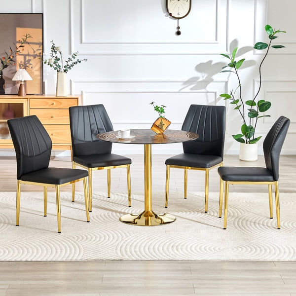 English Elm Table and Chair Set Round Glass Top Dining for Four with Shell Pu Seats Gold Legs Black+Gold W1151S04874