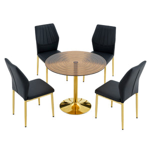 English Elm Table and Chair Set Round Glass Top Dining for Four with Shell Pu Seats Gold Legs Black+Gold W1151S04874