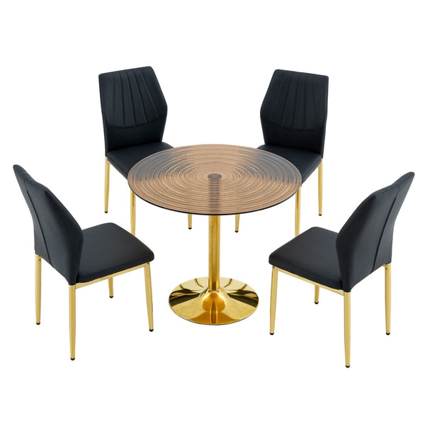 English Elm Table and Chair Set Round Glass Top Dining for Four with Shell Pu Seats Gold Legs Black+Gold W1151S04874