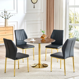 English Elm Table and Chair Set Round Glass Top Dining for Four with Shell Pu Seats Gold Legs Black+Gold W1151S04874