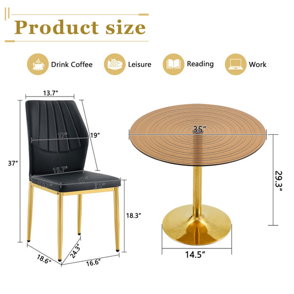 English Elm Table and Chair Set Round Glass Top Dining for Four with Shell Pu Seats Gold Legs Black+Gold W1151S04874