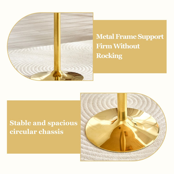 English Elm Table and Chair Set Round Glass Top Dining for Four with Shell Pu Seats Gold Legs Black+Gold W1151S04874