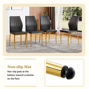 English Elm Table and Chair Set Round Glass Top Dining for Four with Shell Pu Seats Gold Legs Black+Gold W1151S04874