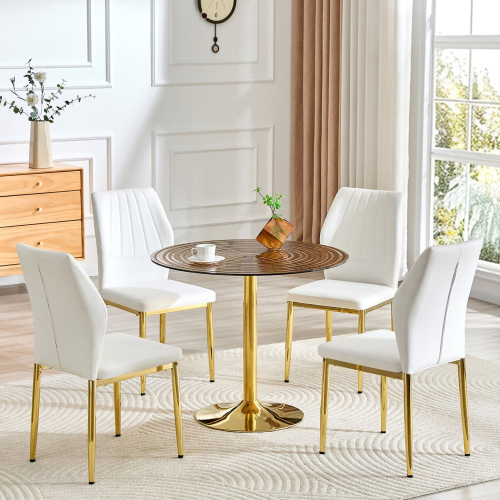 English Elm Table and Chair Set Round Glass Top Dining for Four with Shell Pu Seats Gold Legs White+Gold W1151S04875
