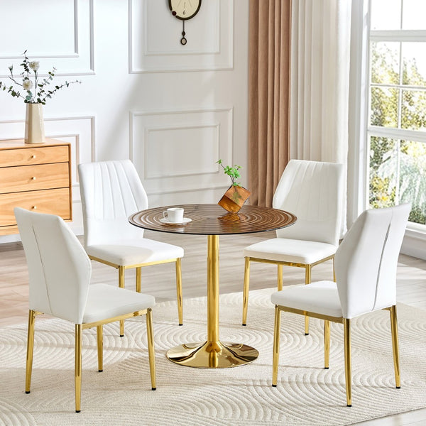 English Elm Table and Chair Set Round Glass Top Dining for Four with Shell Pu Seats Gold Legs White+Gold W1151S04875