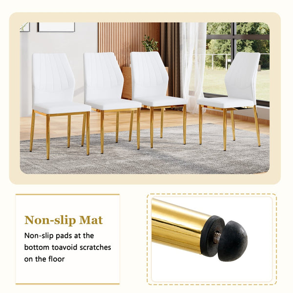 English Elm Table and Chair Set Round Glass Top Dining for Four with Shell Pu Seats Gold Legs White+Gold W1151S04875