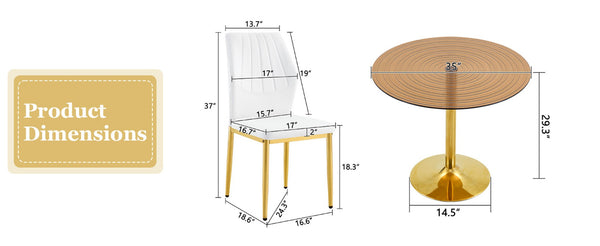 English Elm Table and Chair Set Round Glass Top Dining for Four with Shell Pu Seats Gold Legs White+Gold W1151S04875