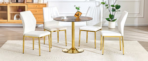 English Elm Table and Chair Set Round Glass Top Dining for Four with Shell Pu Seats Gold Legs White+Gold W1151S04875