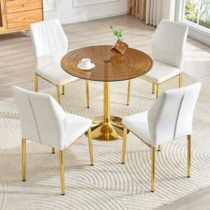 English Elm Table and Chair Set Round Glass Top Dining for Four with Shell Pu Seats Gold Legs White+Gold W1151S04875