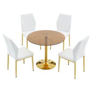 English Elm Table and Chair Set Round Glass Top Dining for Four with Shell Pu Seats Gold Legs White+Gold W1151S04875