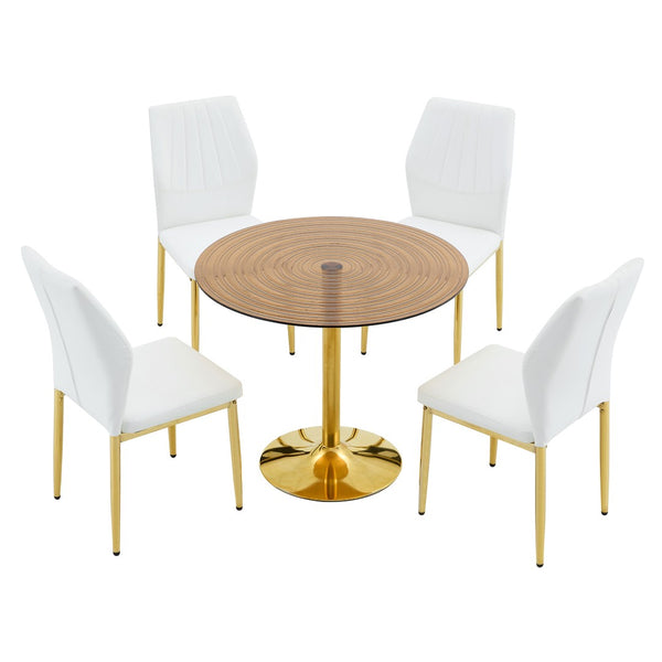 English Elm Table and Chair Set Round Glass Top Dining for Four with Shell Pu Seats Gold Legs White+Gold W1151S04875