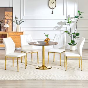 English Elm Table and Chair Set Round Glass Top Dining for Four with Shell Pu Seats Gold Legs White+Gold W1151S04875