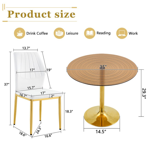 English Elm Table and Chair Set Round Glass Top Dining for Four with Shell Pu Seats Gold Legs White+Gold W1151S04875